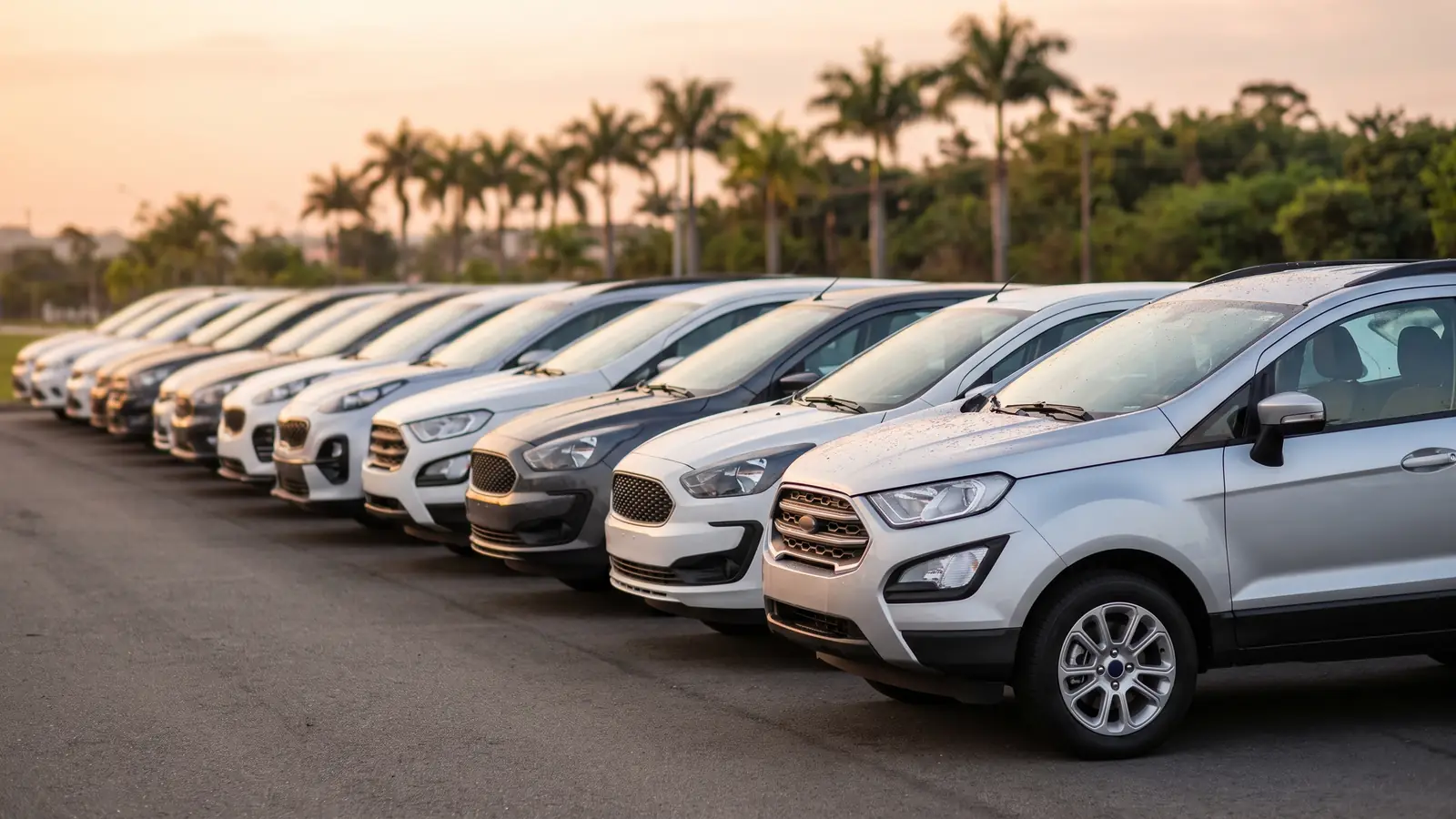 Fileira de carros seminovos expostos em um pátio de revenda